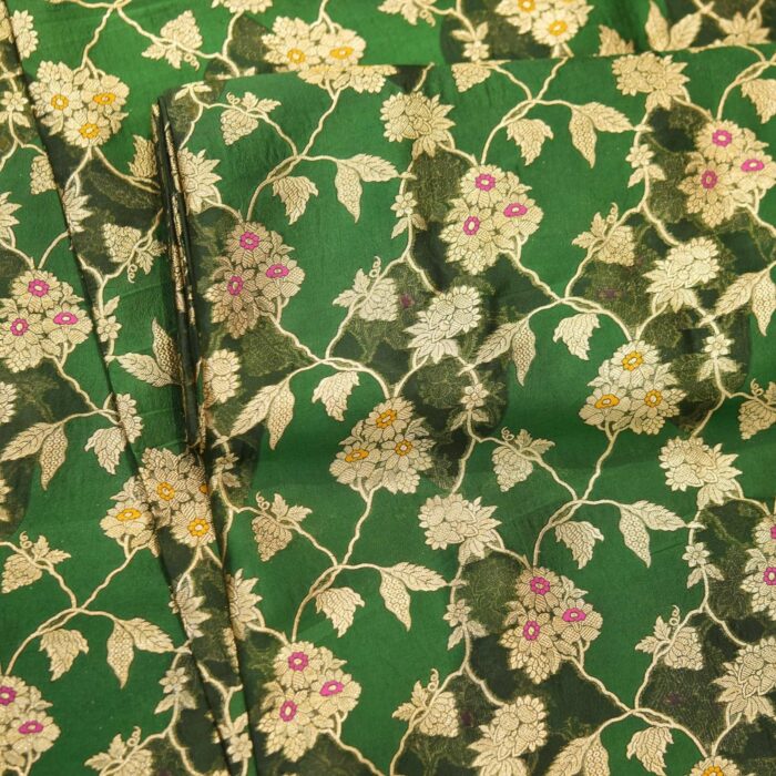 Green Dupion silk x tissue jacquard fabric with golden Zari floral jaal and Meena embroidery – Gul-e-Badri