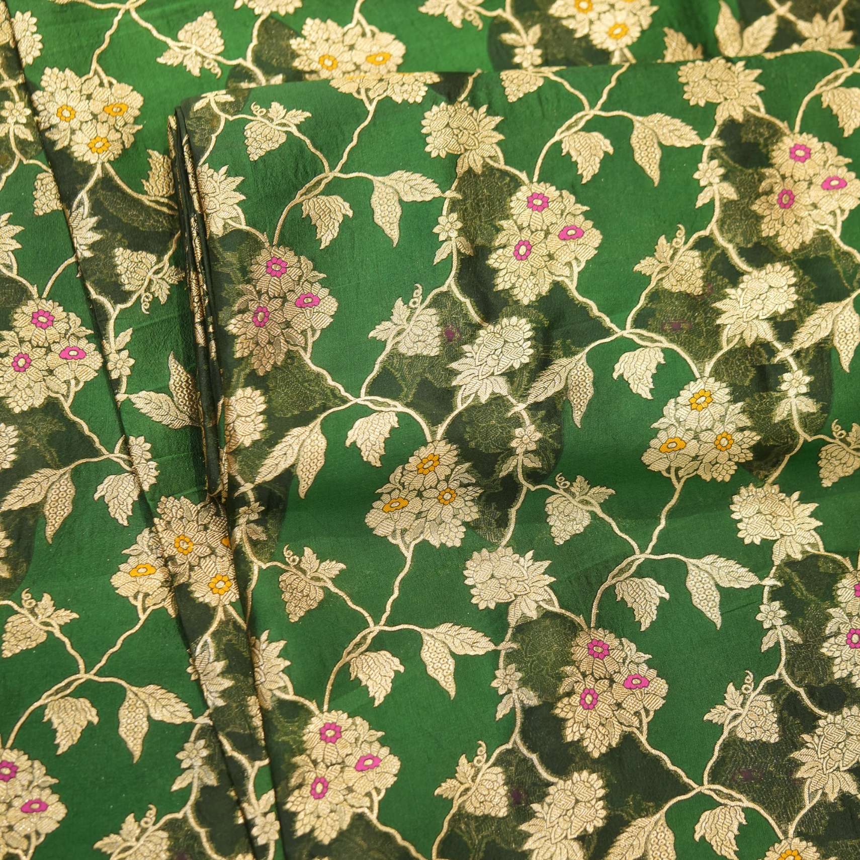 Green Dupion silk x tissue jacquard fabric with golden Zari floral jaal and Meena embroidery – Gul-e-Badri