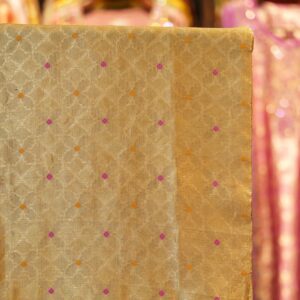 Light gold Katan silk fabric with fine Zari lattice and Meena dots – Noor-e-Katan