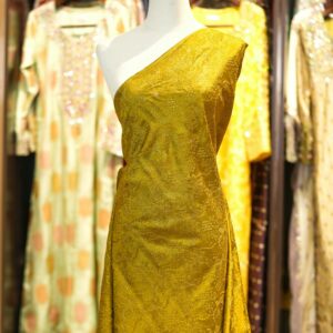 Olive gold pure silk fabric with floral embroidery and subtle sequin embellishment