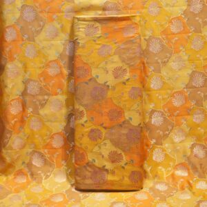 Amber orange and yellow Rangkaat silk fabric with silver and pink zari floral weave
