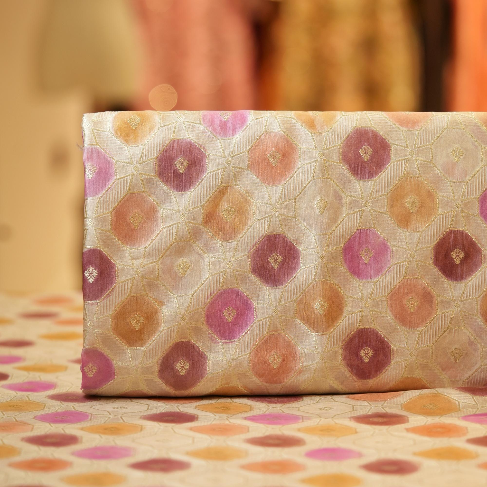 Katan silk fabric with octagonal Zari weaving and pink-orange ombre rangkaat dye