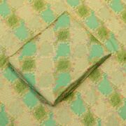 Mint green cotton jacquard fabric with golden Zari geometric weave and delicate printed florals – Firdaws-e-Zar