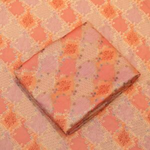 Peach-orange cotton jacquard fabric with golden Zari weave and floral printed pattern – Firdaws-e-Zar