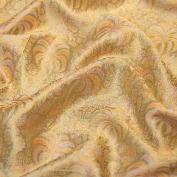 Golden Palm Tanchoi Silk Fabric with Palm Motif in Pastel Resham Weave