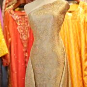 Golden Palm Tanchoi Silk Fabric with Palm Motif in Pastel Resham Weave