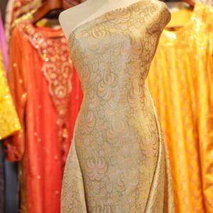 Golden Palm Tanchoi Silk Fabric with Palm Motif in Pastel Resham Weave